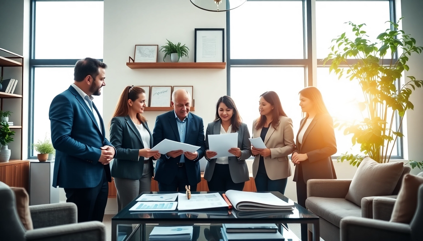Les experts de la société de gestion de patrimoine familial discutent de stratégies financières dans un bureau élégant.