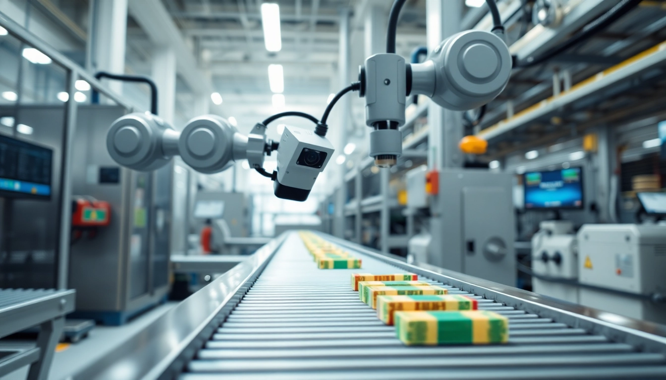 Machine vision system inspecting products with a robotic arm in an industrial setting.