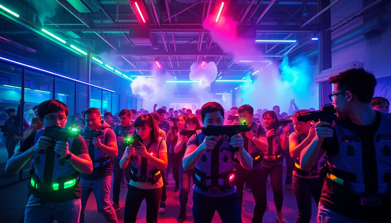 Exciting laser tag players in an action-packed arena illuminated by neon lights.