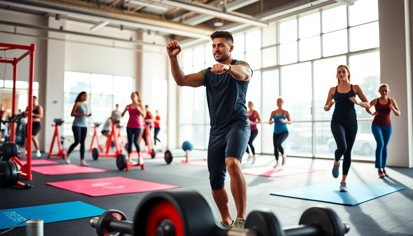Best gym near me showcasing a professional trainer leading an energetic workout session.