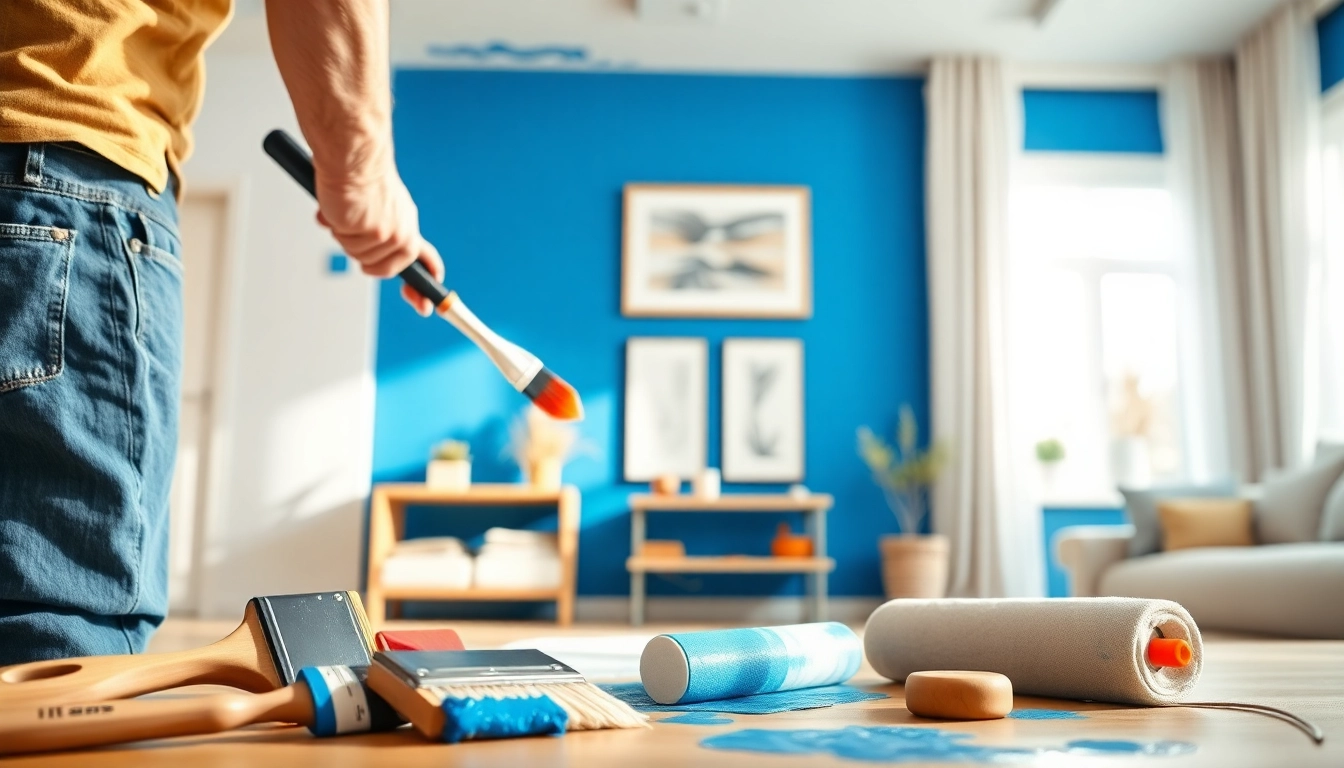 Interior painting in progress showcasing a painter refreshing a living room with vibrant blue paint.