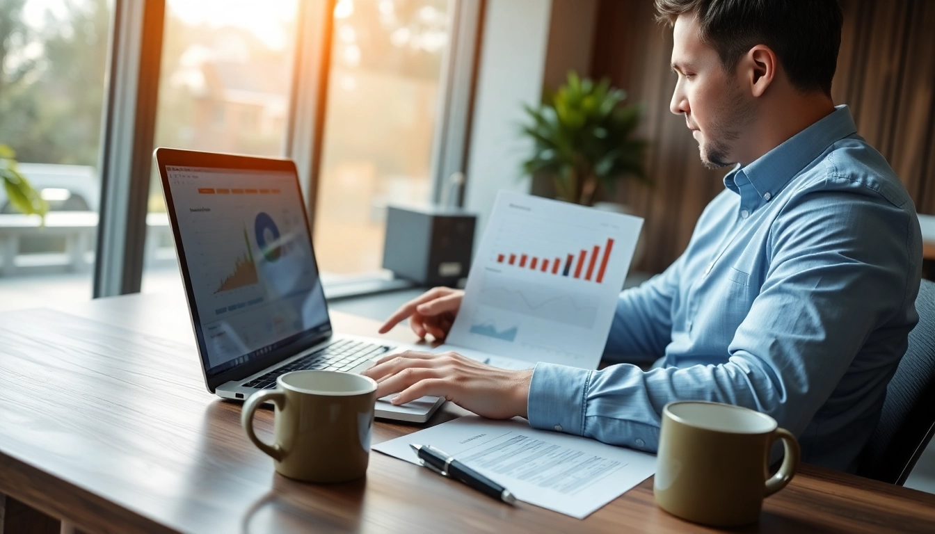 An accountant conducts an impairment test, analyzing financial reports in a modern office.