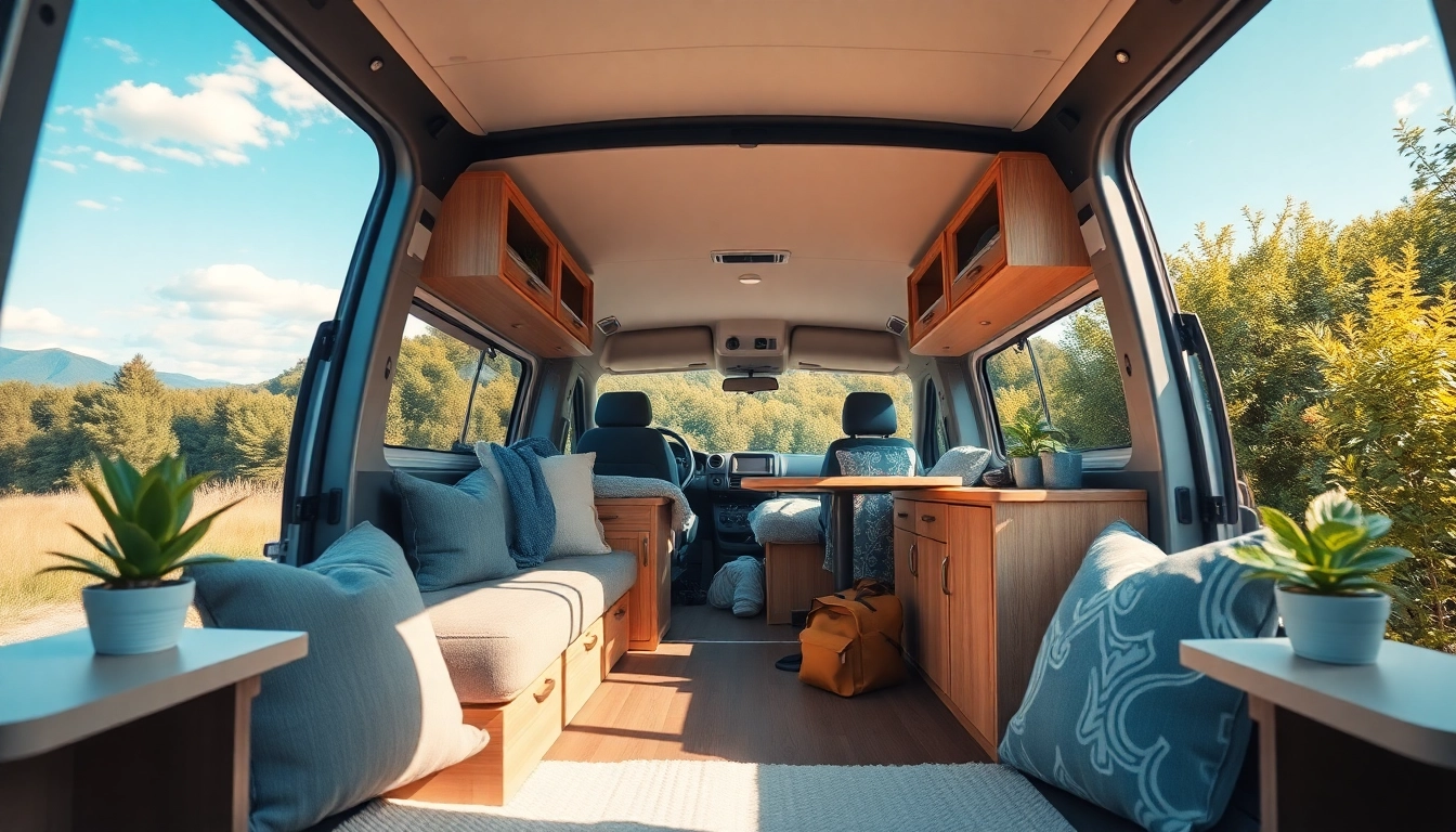 Visualize a perfect Van interior, showcasing cozy seating and stylish storage solutions in a serene outdoor setting.