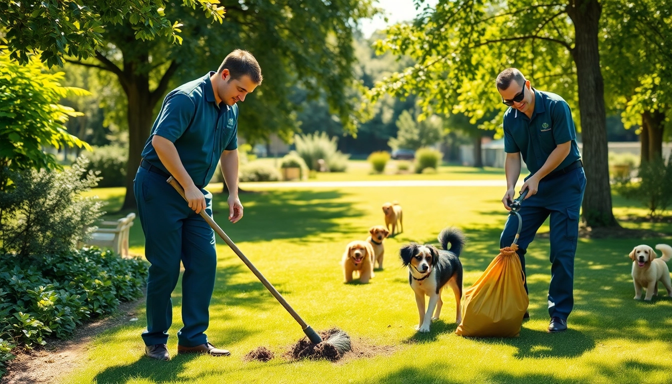 Dog clean up service professionals cleaning a yard with happy dogs in the background.