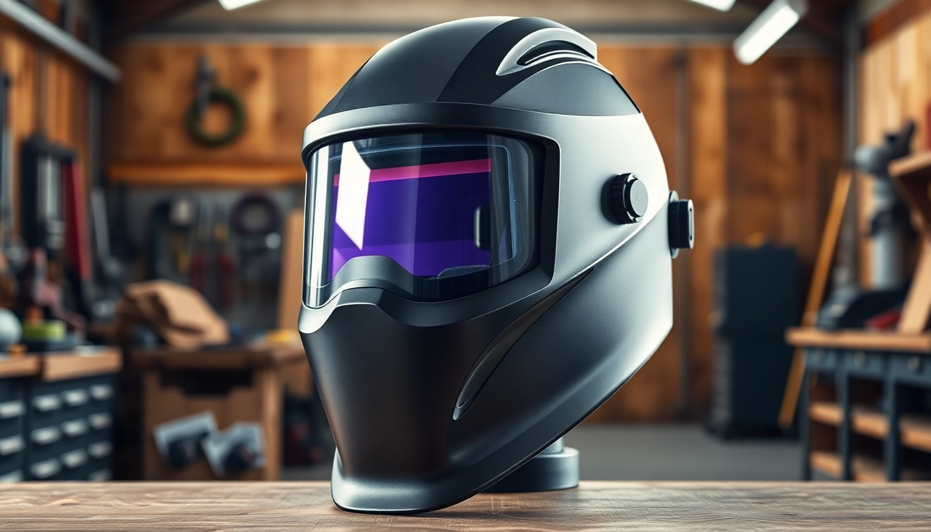 Welding mask with auto-darkening features showcased in a professional workshop environment.