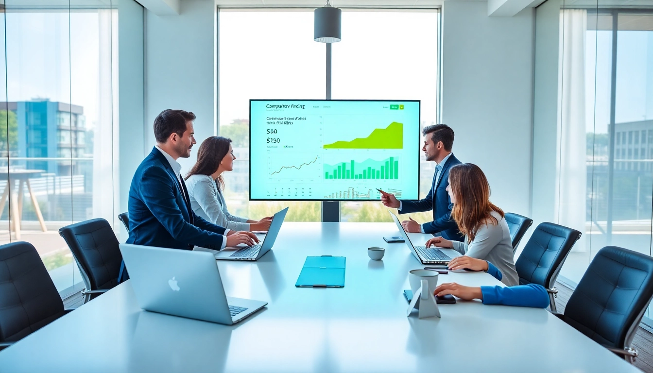 Conducting competitor pricing analysis with business professionals at a conference table.