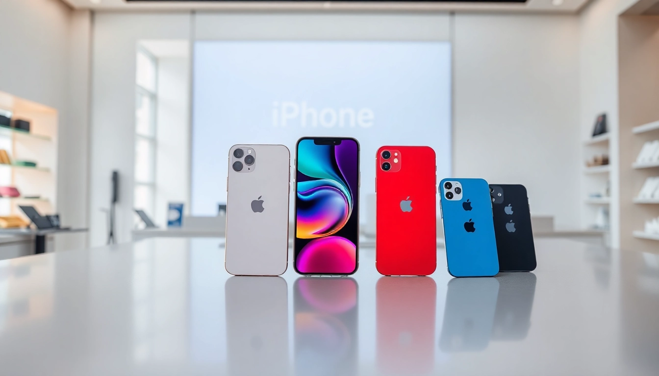 Buy iPhone models displayed prominently on a modern retail counter showcasing vibrant designs.