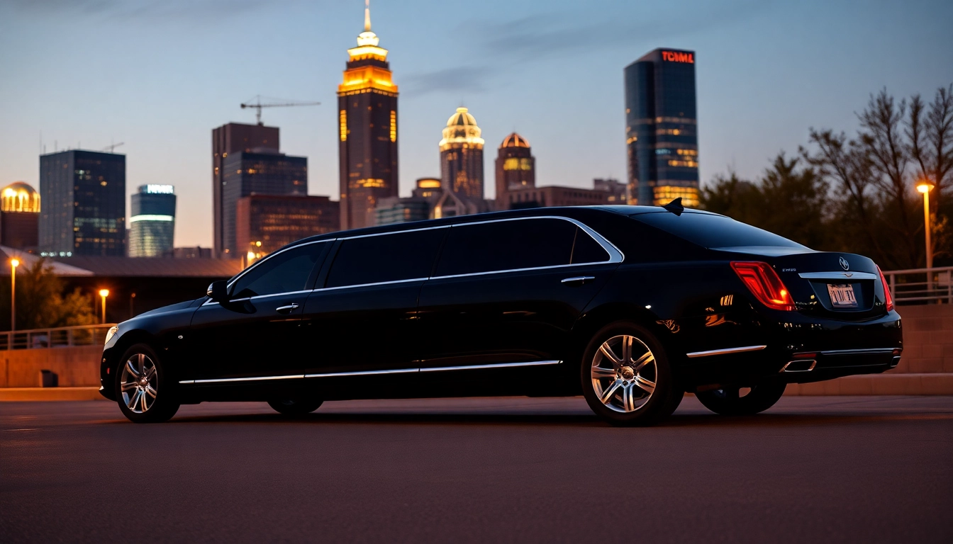 Elegant black limousine showcasing premium car service Atlanta on a city street with modern lights.