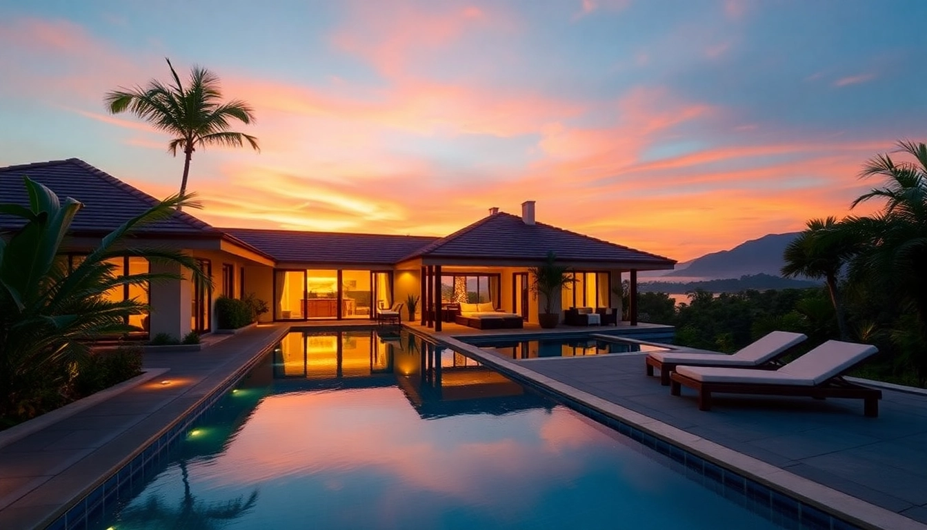 View a stunning luxury villa in real estate Phuket with a beautiful pool and lush surroundings.