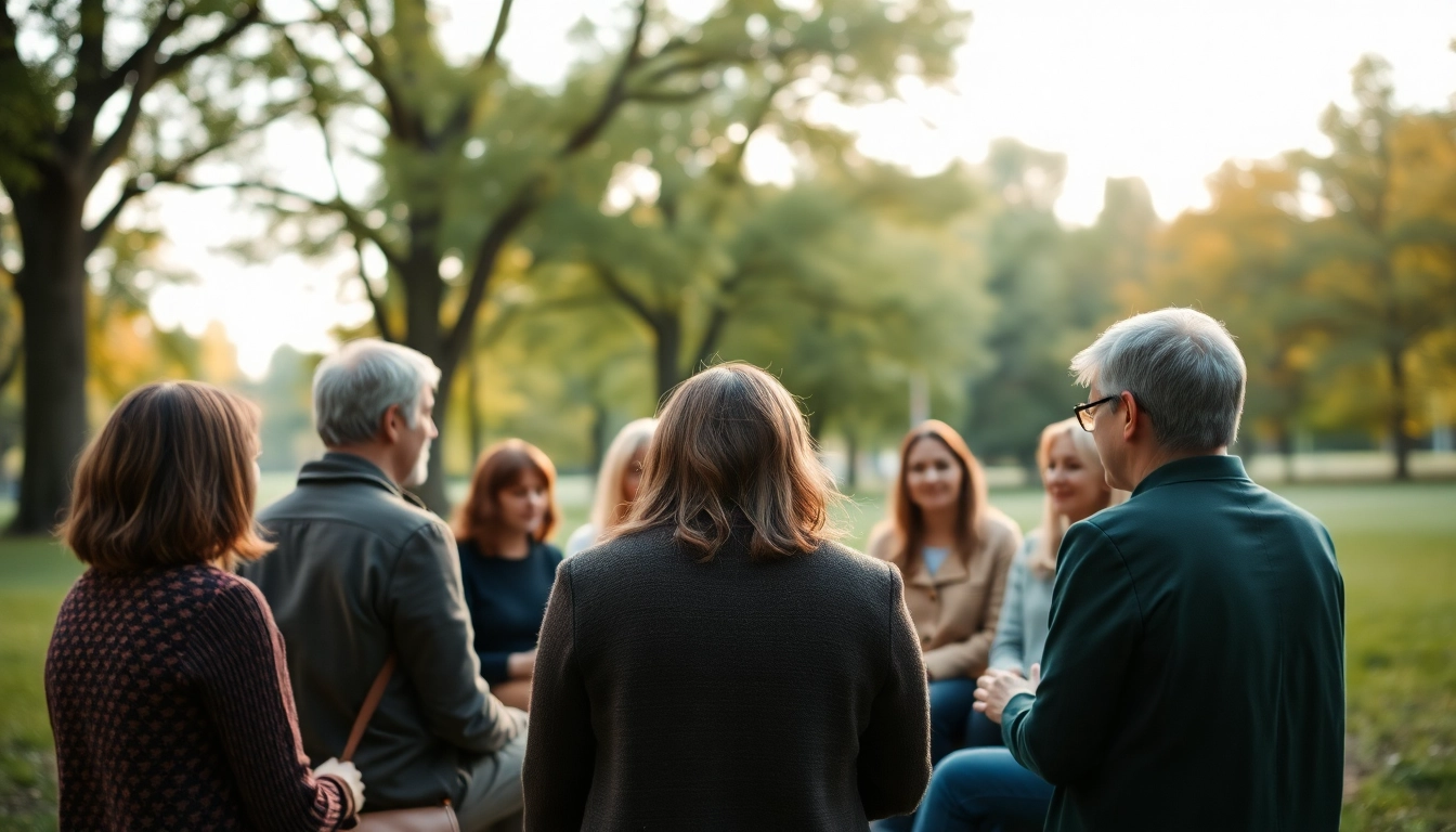 Support group helping individuals dealing with grief in a serene outdoor environment.