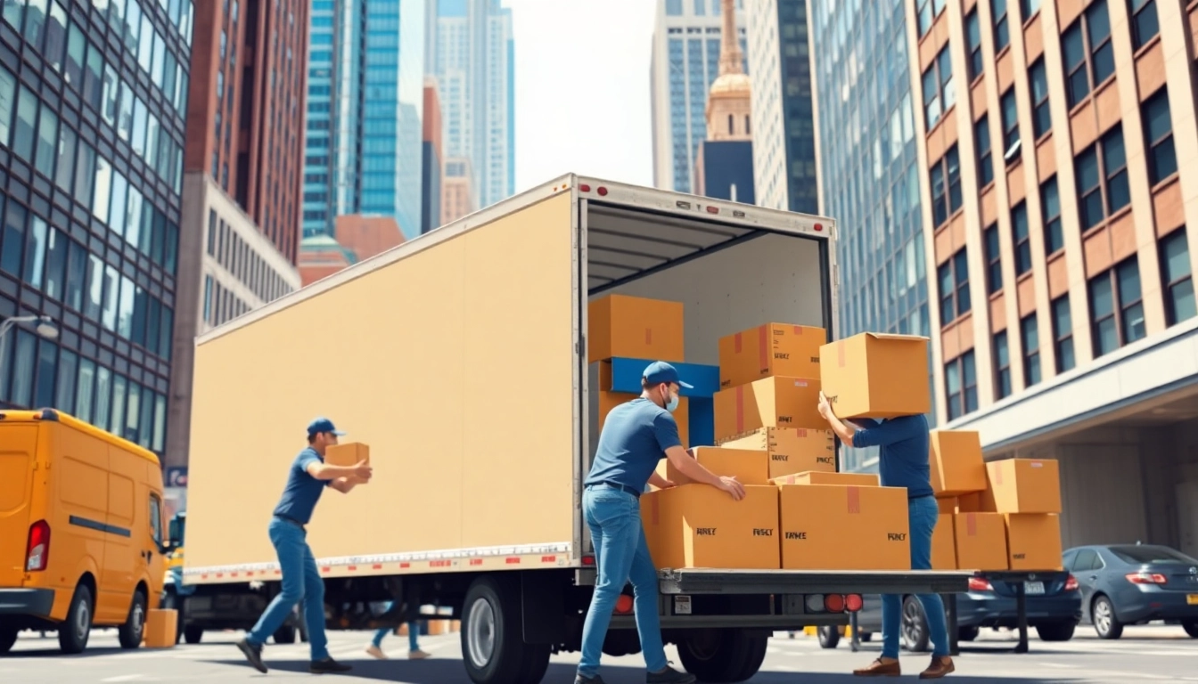 Efficient cheap movers NYC loading boxes into a truck in a busy urban setting.