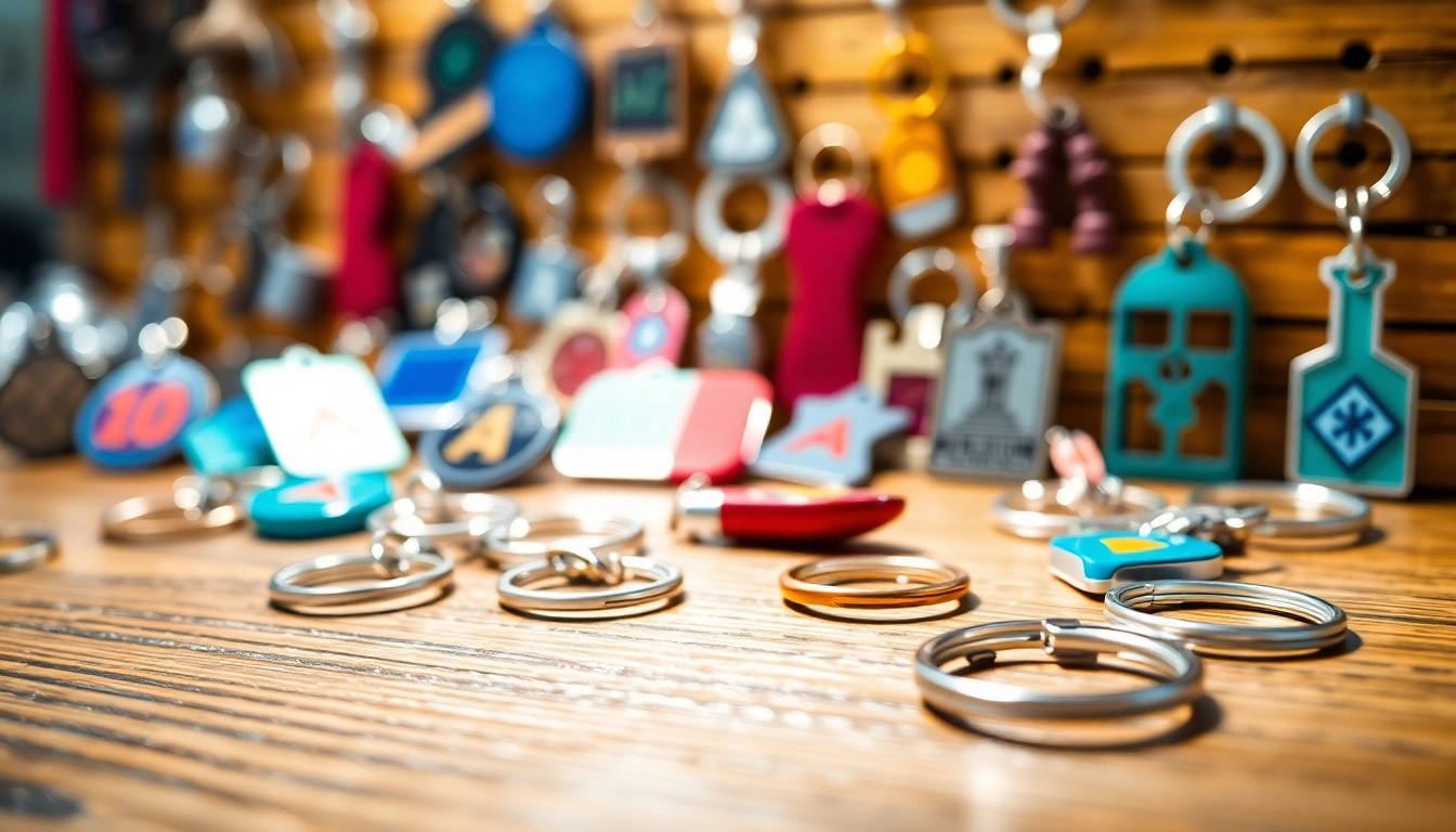 Design a keychain custom with vibrant colors and personalized options showcased on a wooden surface.