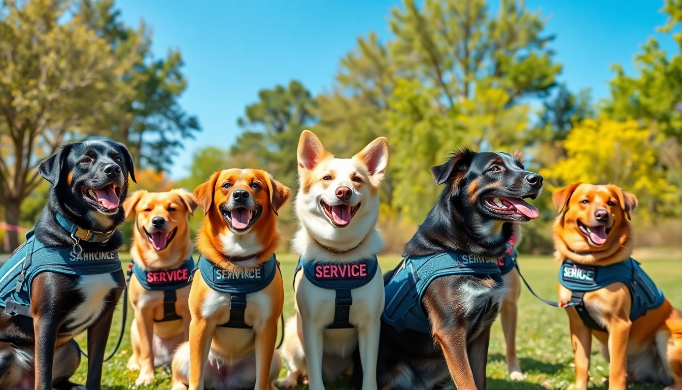 Service dogs for sale interacting joyfully in a park, showcasing their trained skills.