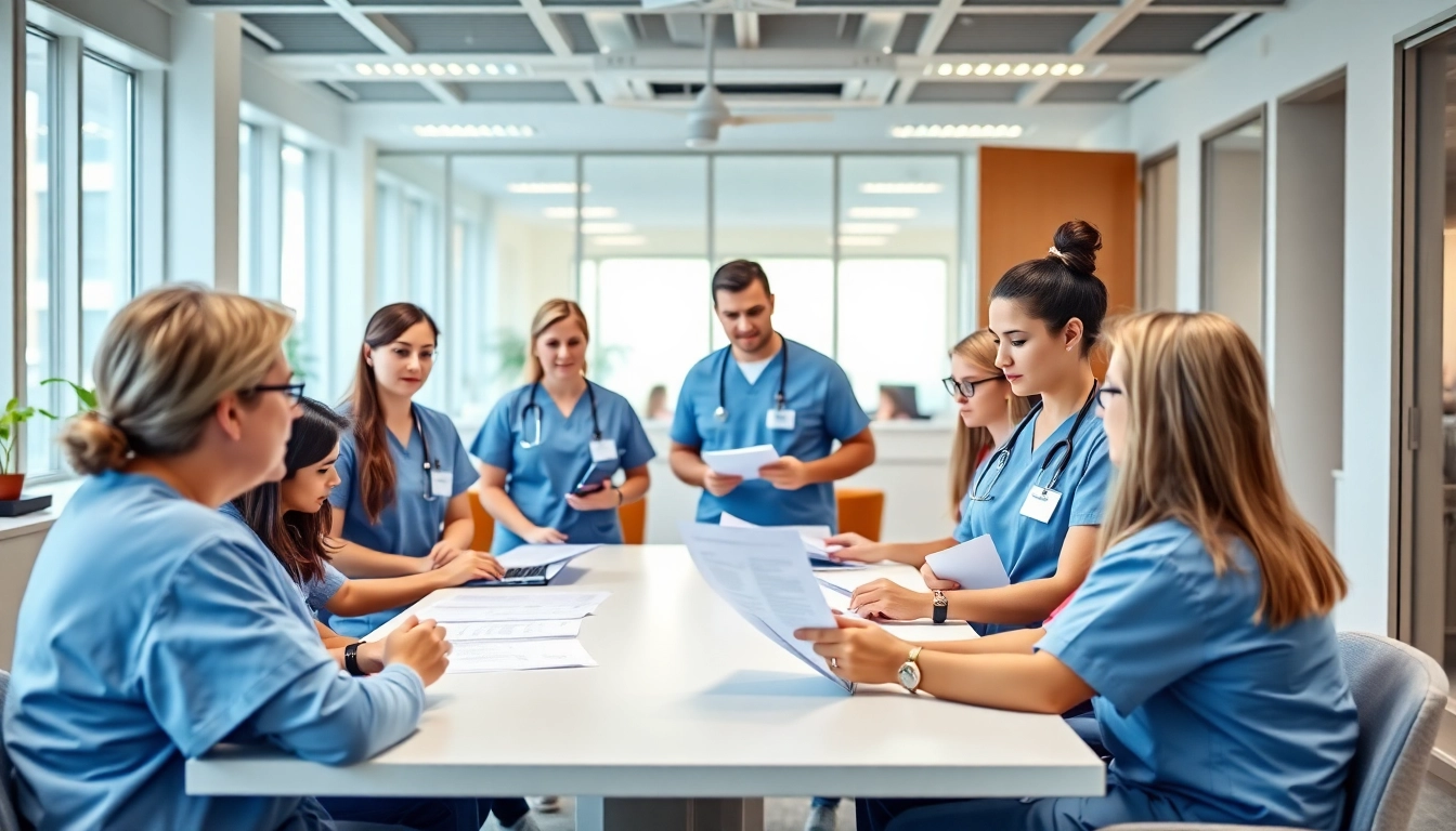 Alabama Board of Nursing professionals collaborating in a bright, modern healthcare setting.