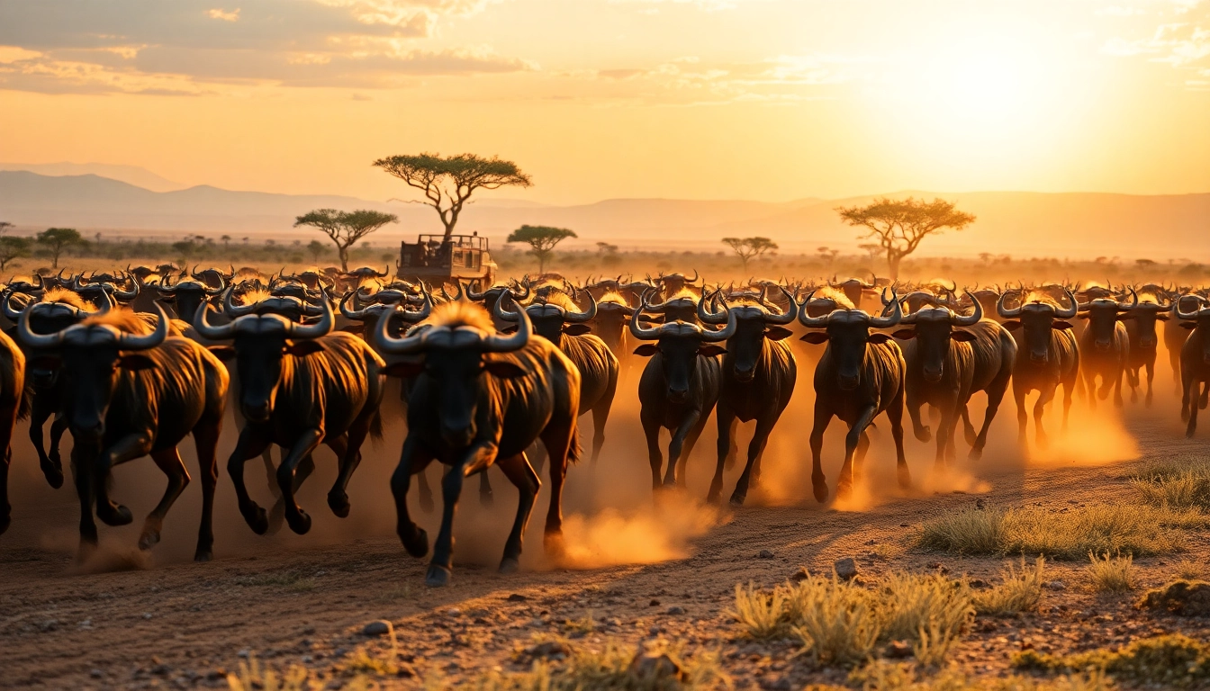 Witnessing the dynamic Serengeti Wildebeest Migration Safari at sunset with galloping wildebeests.