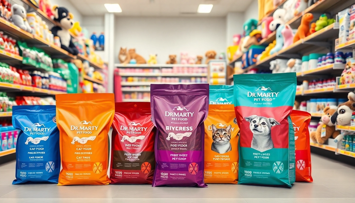 Showcasing dr marty pet food canada in a bright pet store aisle with vibrant packaging.