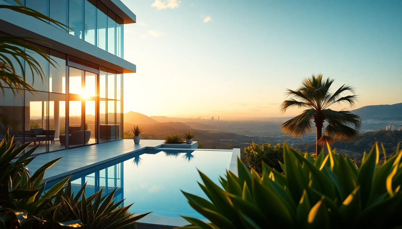 Showcase of luxury international real estate with a stunning mansion against a serene garden backdrop.