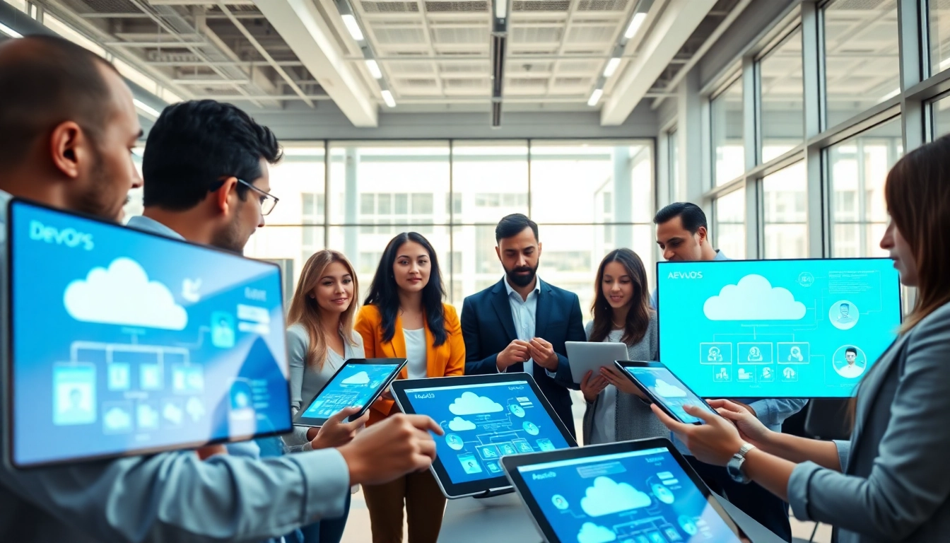 Showcasing cloud infrastructure and DevOps services in a collaborative modern office environment.