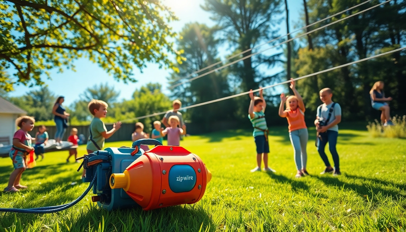 A family enjoys a thrilling day with their ZIP WIRE KIT in a sunny backyard adventure.