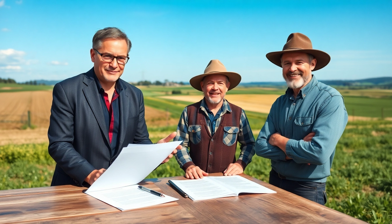 Agriculture lawyer consulting with a farmer in a rural setting, showcasing legal expertise and collaboration.