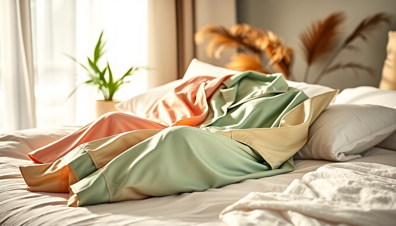 Cozy bamboo pajamas elegantly draped on a soft bed, showcasing their luxurious texture.