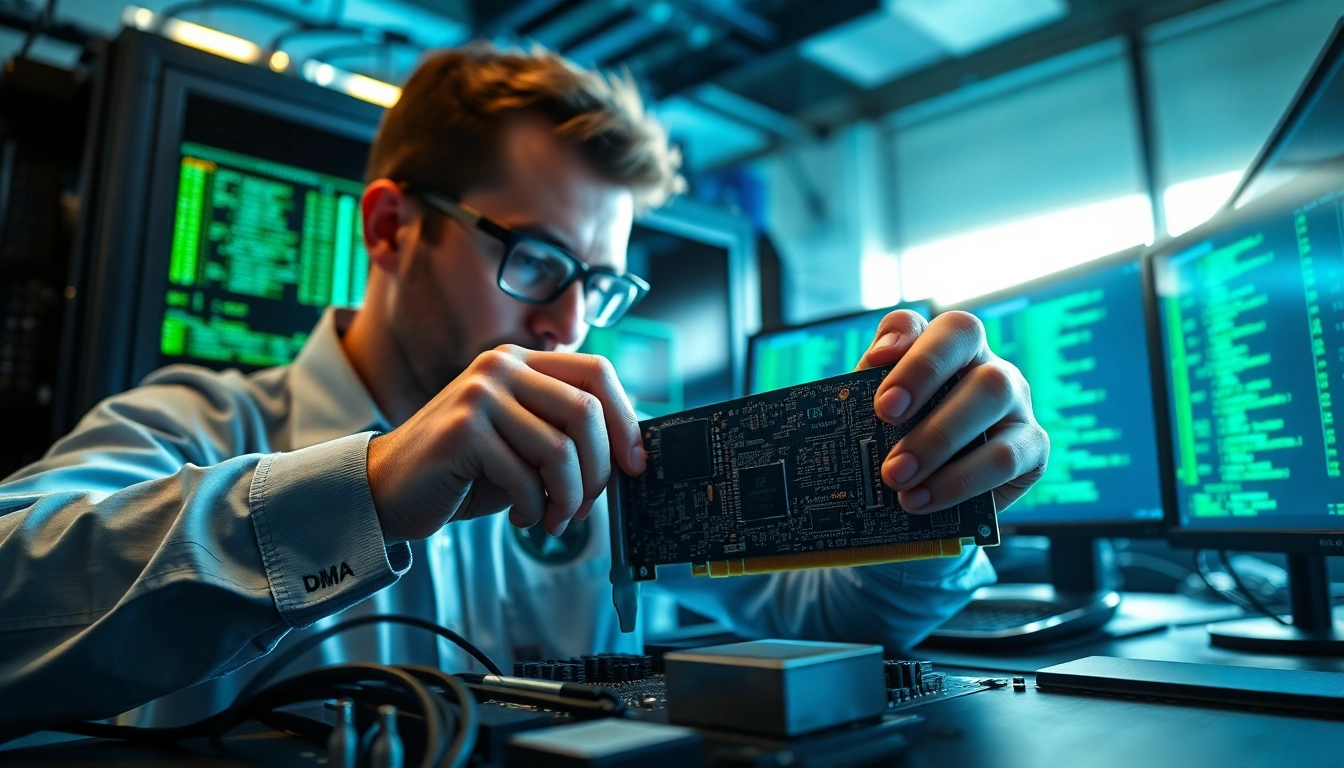 Install dma firmware on a PCIe card while highlighting a technician's expertise in a tech workspace.