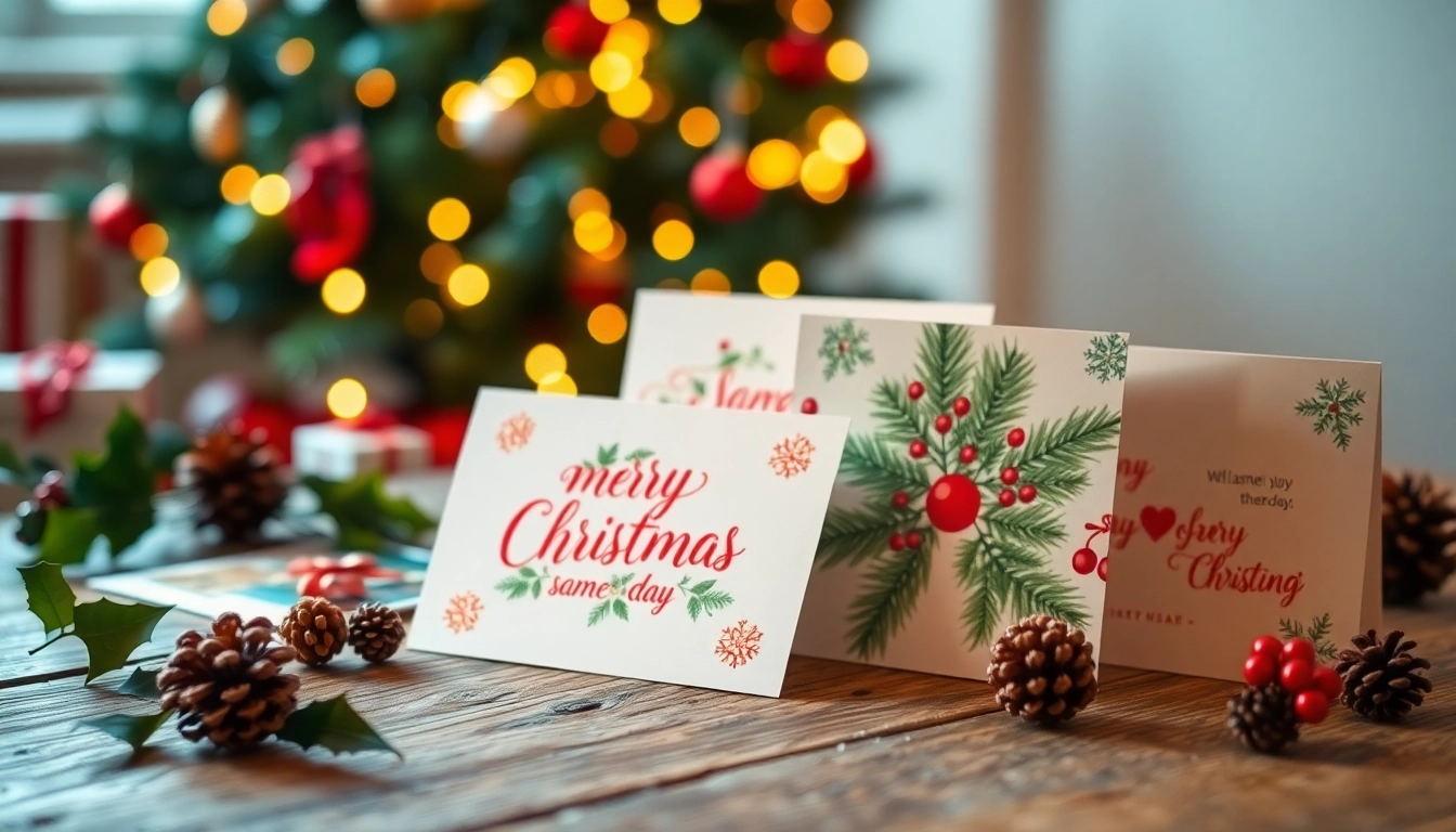 Explore beautifully crafted same day Christmas cards featuring festive designs on a rustic table setting.