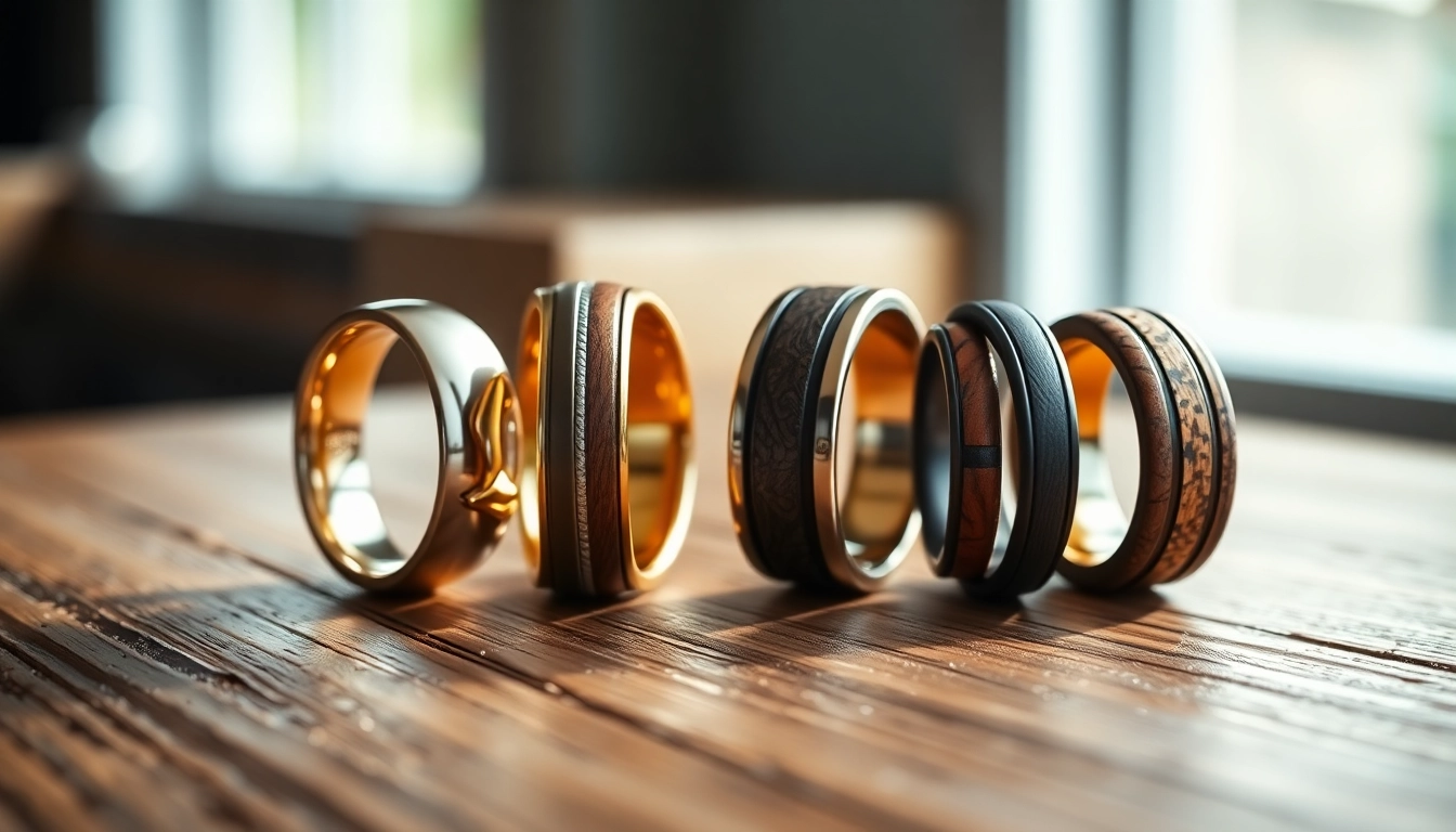 Showcase of men's wedding bands highlighting unique designs and materials.