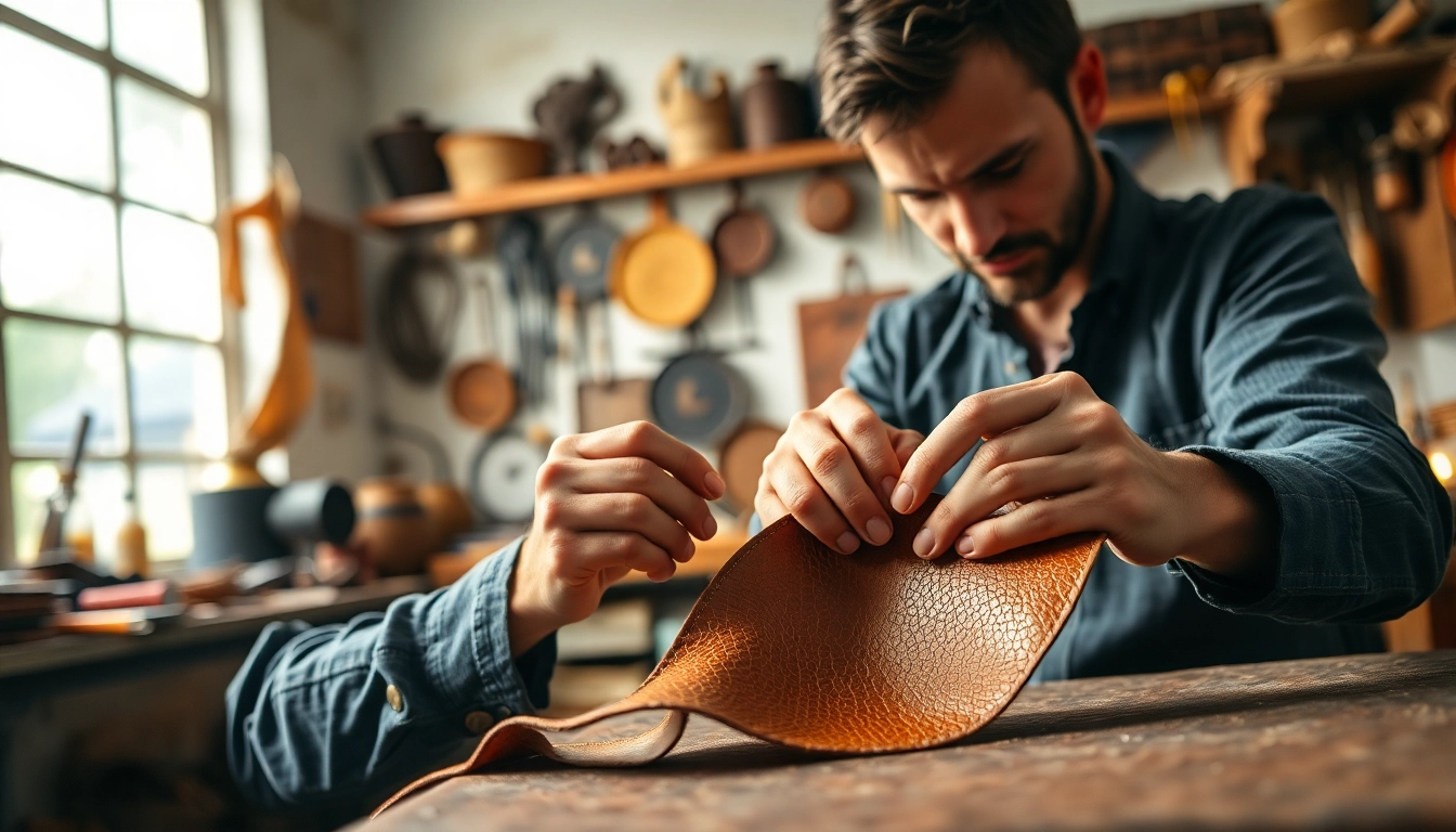 Crafting unique coffee leather pieces in a vibrant workshop, showcasing artisan skills.