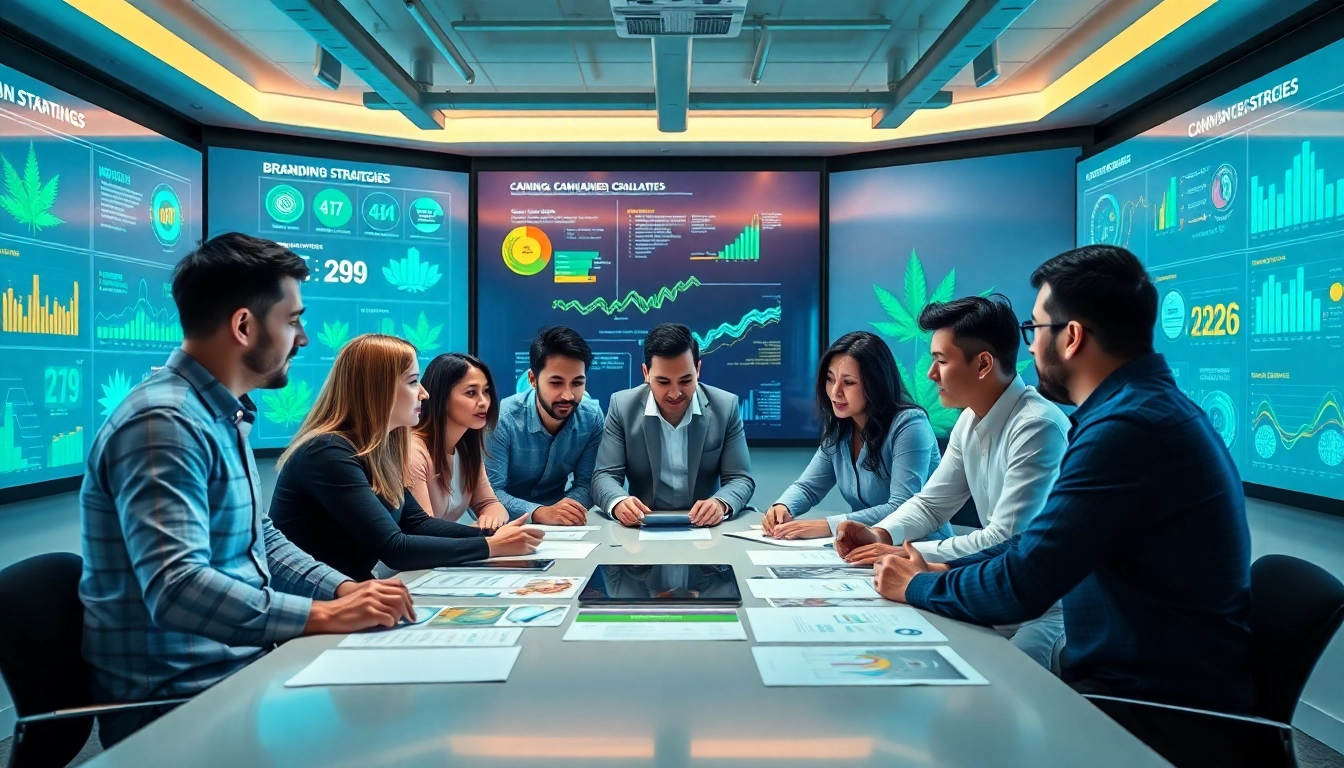 Cannabis marketing agency team engaged in creative brainstorming in a vibrant and modern office.