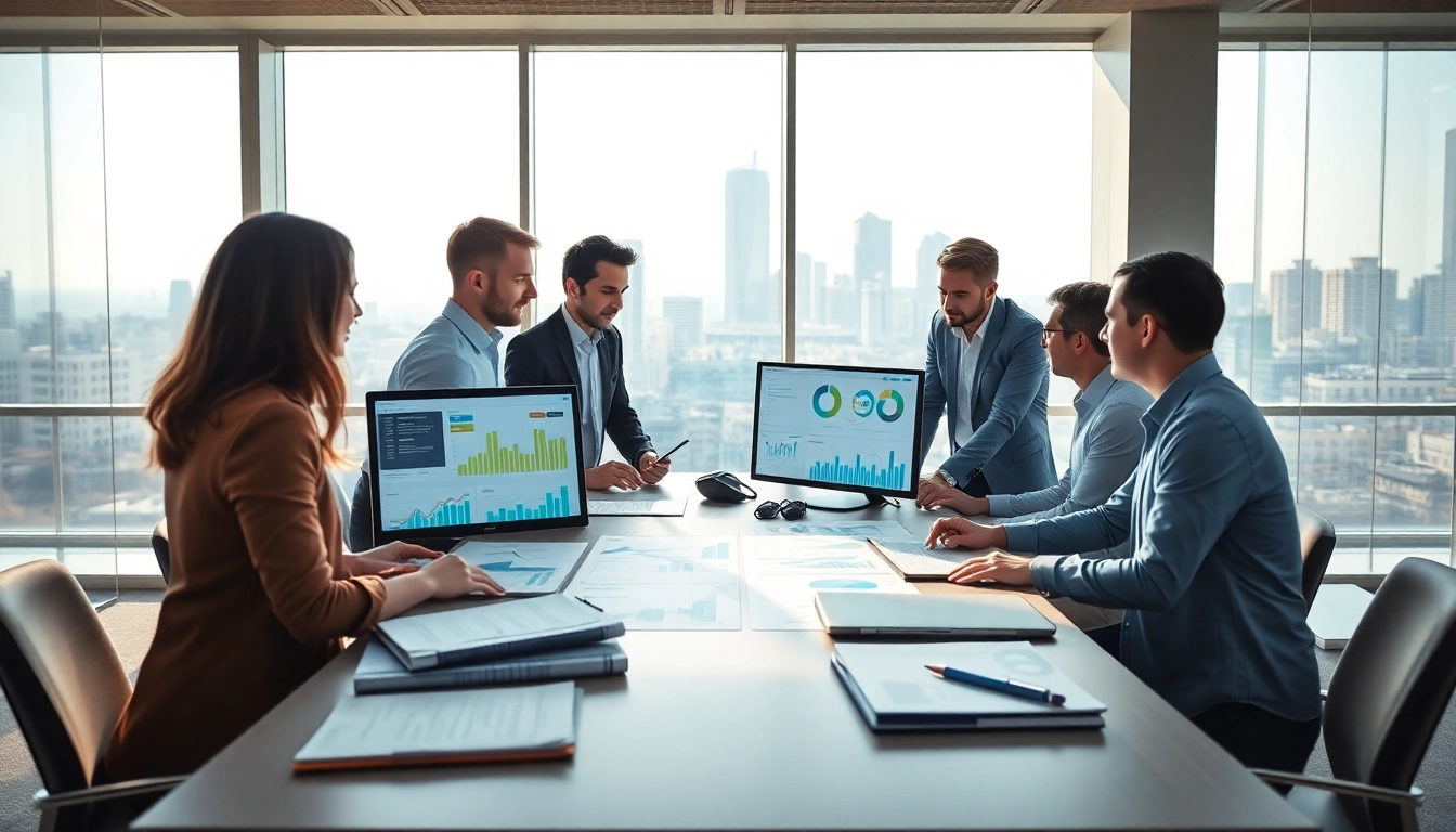 Team analyzing competitive intelligence data in a professional office setting.