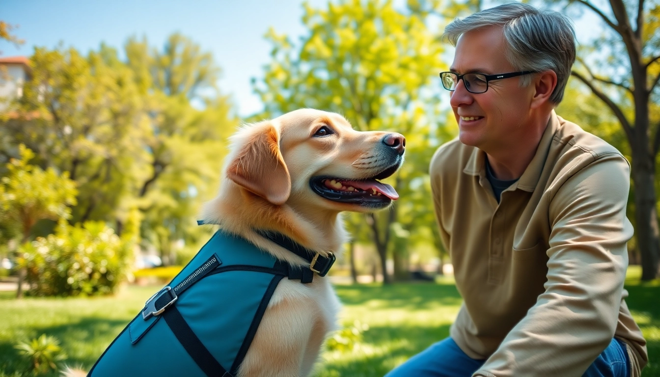Engaging moment to get a service dog in a sunny park with a person and their trained companion.