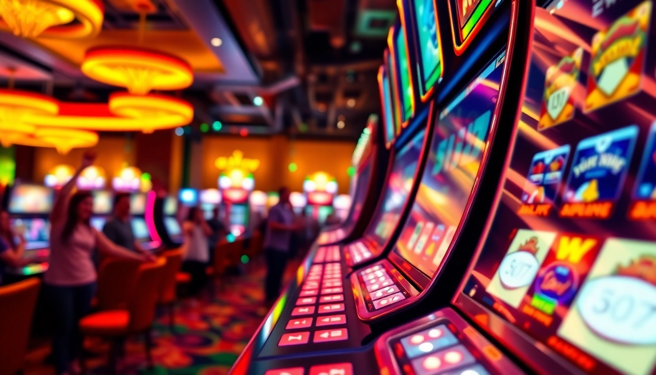 Game slot mesin dengan lampu cerah dan kegembiraan di kasino.