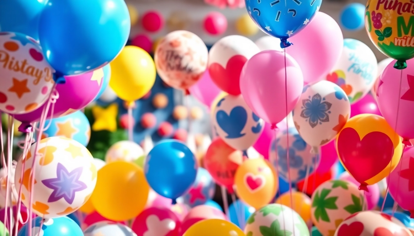 Brightly colored Print balloons creating a festive atmosphere for celebrations.