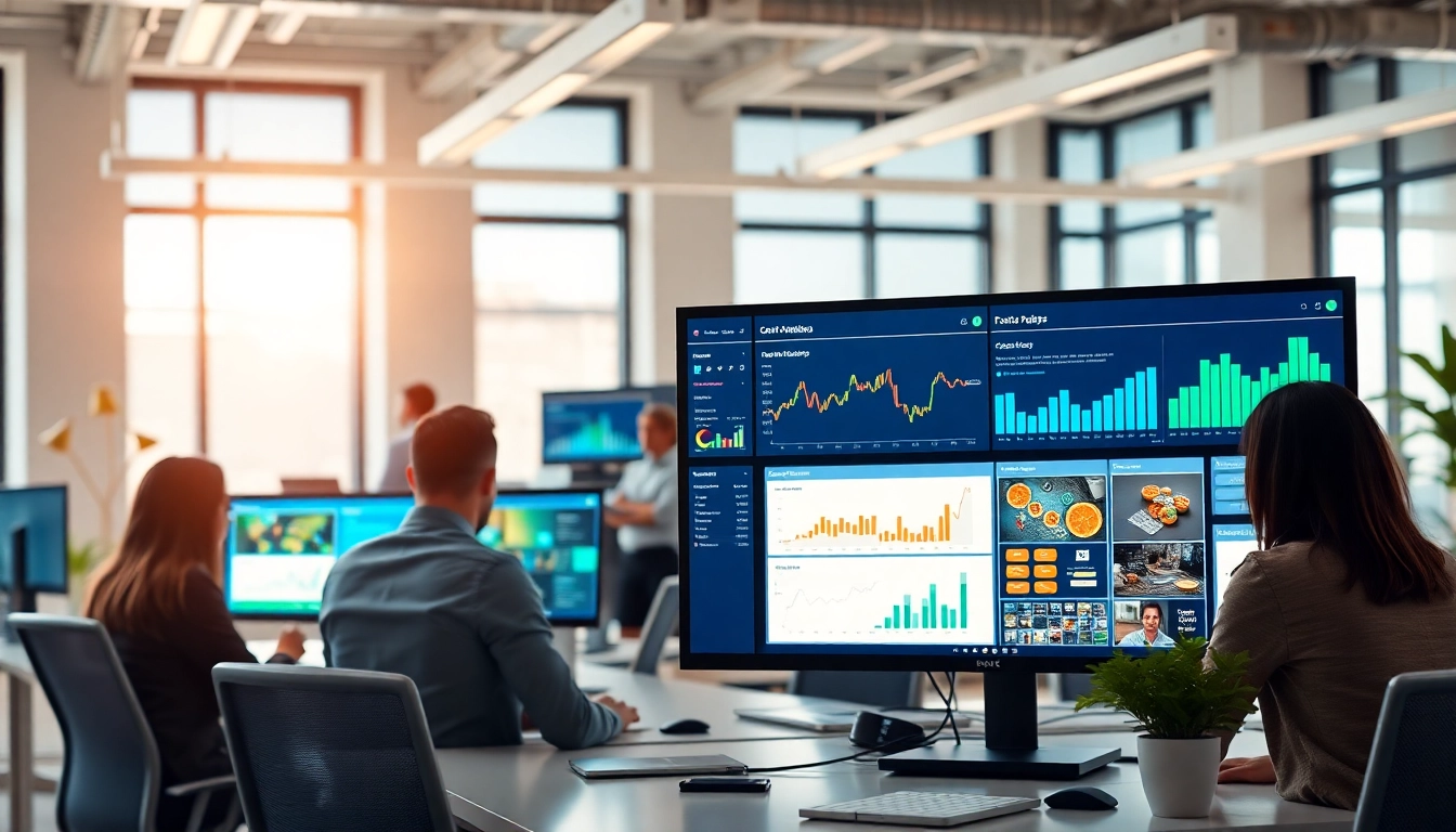 Engaging workspace depicting an AI content marketing platform with professionals collaborating on creative strategies.