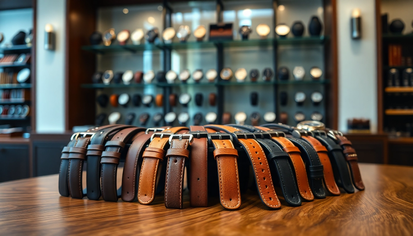 Showcase leather watch straps in a stylish boutique environment with natural lighting.