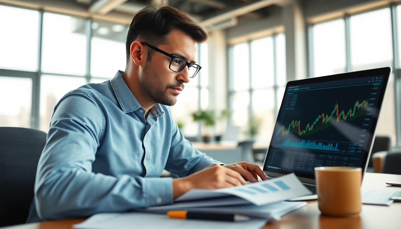 Investment analyst focused on artificial intelligence stock picks, reviewing market trends and stock graphs.