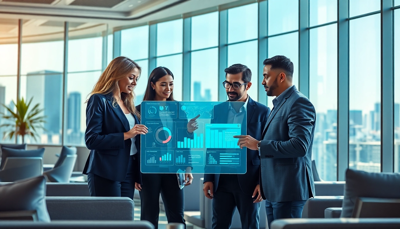 Team collaborating on an AI content marketing platform in a modern office setting.