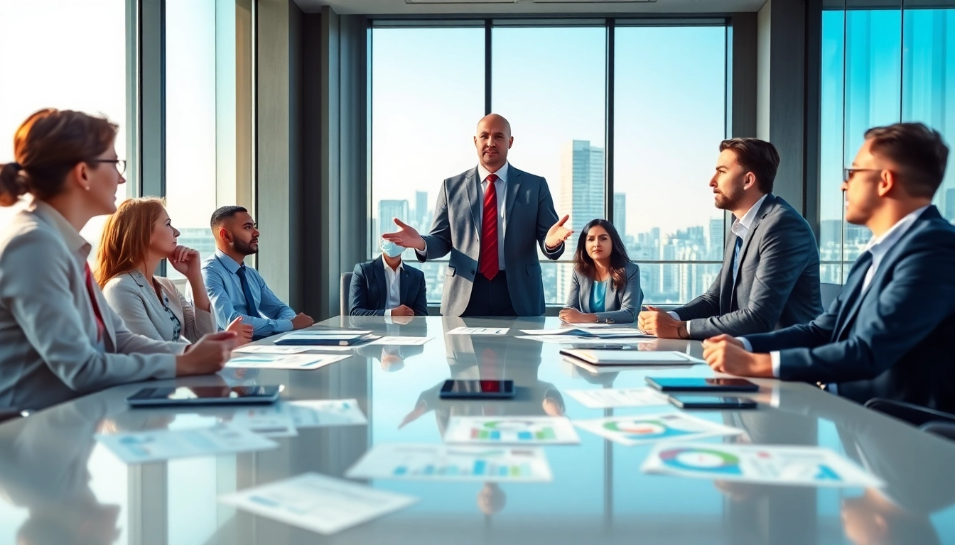 Engaged crisis management consultant presenting strategic solutions in a corporate boardroom setting.