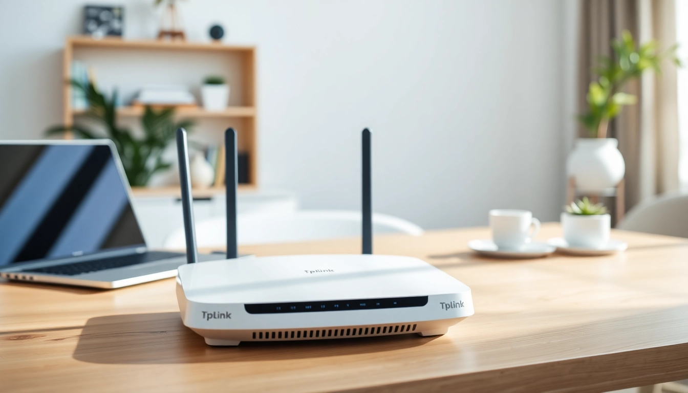 Showcasing Tplink router in a modern home office setting with smart devices and bright lighting.