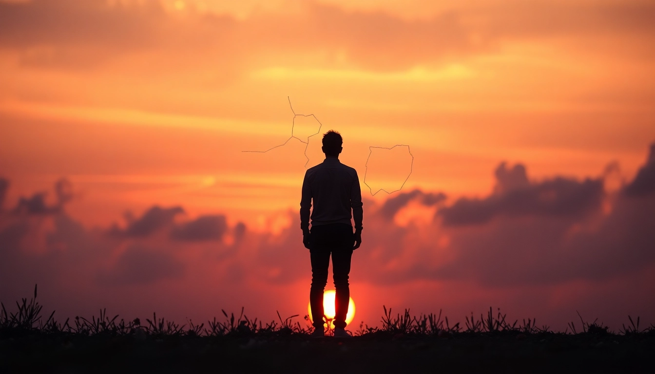 Reflecting on a relationship breakup with a broken heart and solitary figure against a sunset.