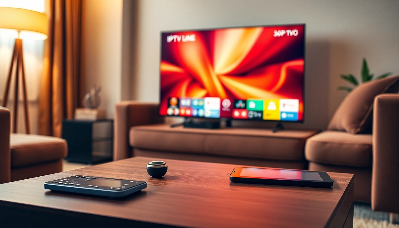 Comprar IPTV en un entorno acogedor con sala de estar moderna y pantalla de TV.