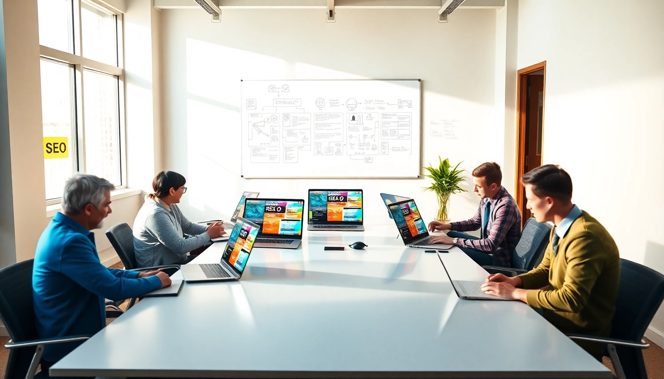 Showcasing web design and seo services through a collaborative team environment in a modern office.