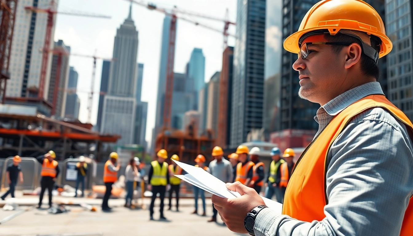 New York Construction Manager leading a busy construction team in a vibrant urban setting.