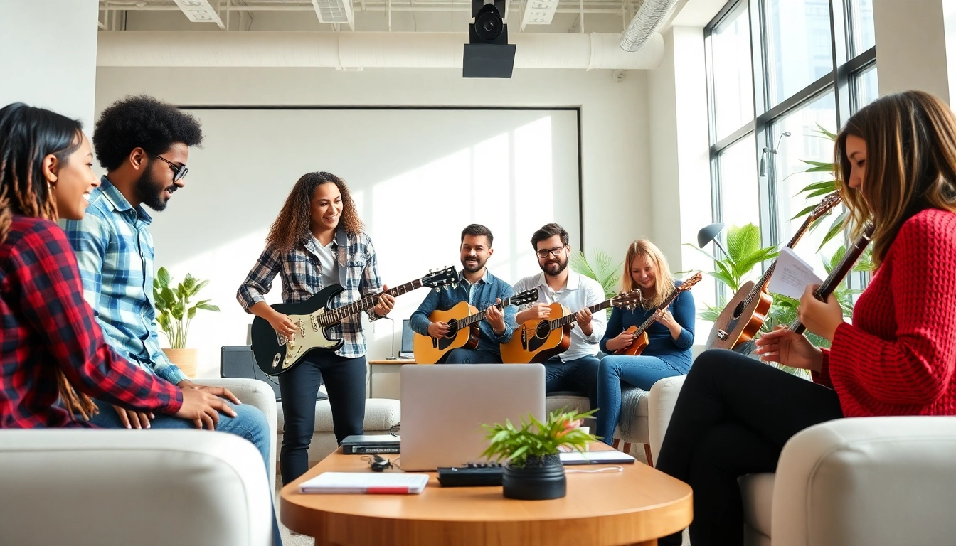 Highlighting the best music pr company with a diverse team collaborating in an energetic office.