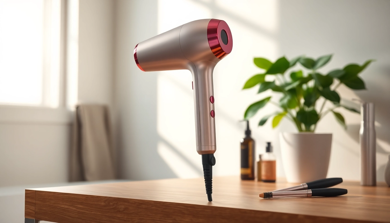 Showcase the best hair dryer on a countertop with sleek design and serene decor.