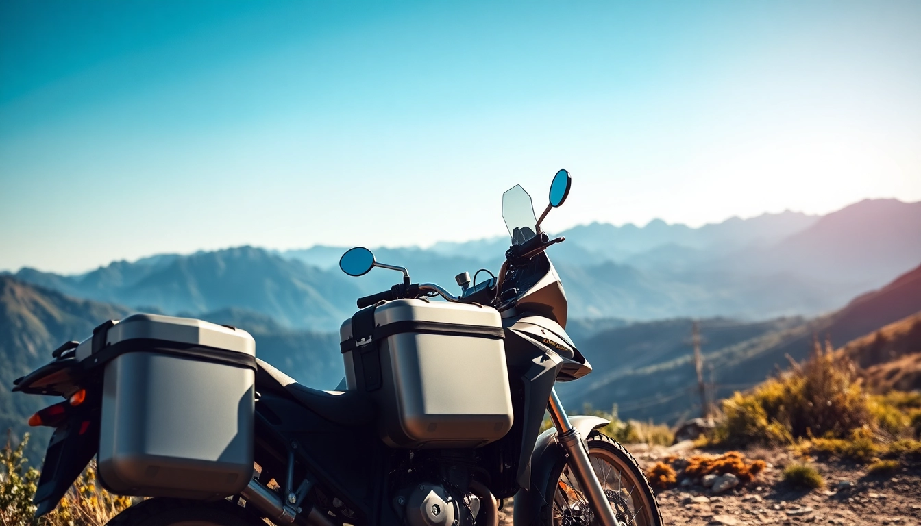 Explore panniers for pannier racks on a rugged motorcycle in a scenic outdoor setting.