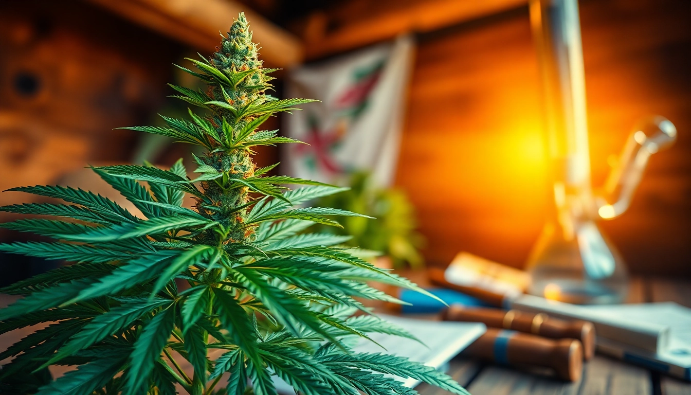 Buy weed online uk with a vibrant cannabis plant showcased in a rustic setting.