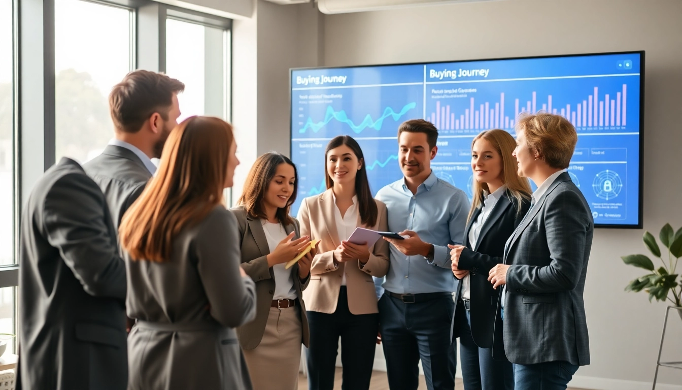 B2B buyer engaged in lively discussion with diverse professionals in a modern office.