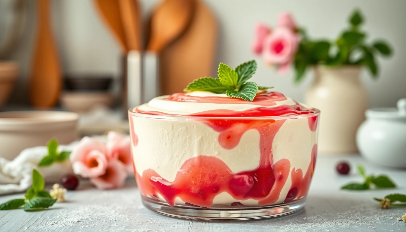 Mousseline dessert layered beautifully in a glass dish with a vibrant fruit compote.
